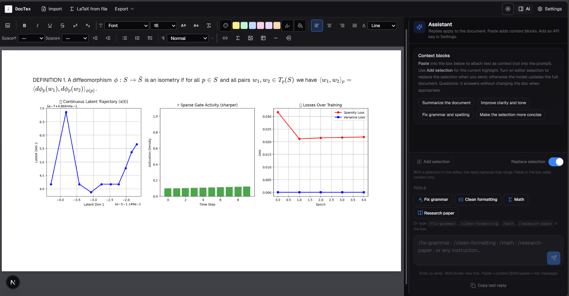 DocTex document editor with formatting toolbar, mathematical content, figures, and AI assistant sidebar